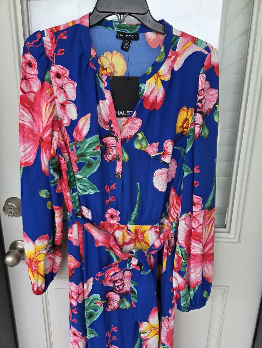 Halston Floral Maxi Dress Size 12 Blue Pink Long Sleeve Belted Vacation NWT - Picture 4 of 12